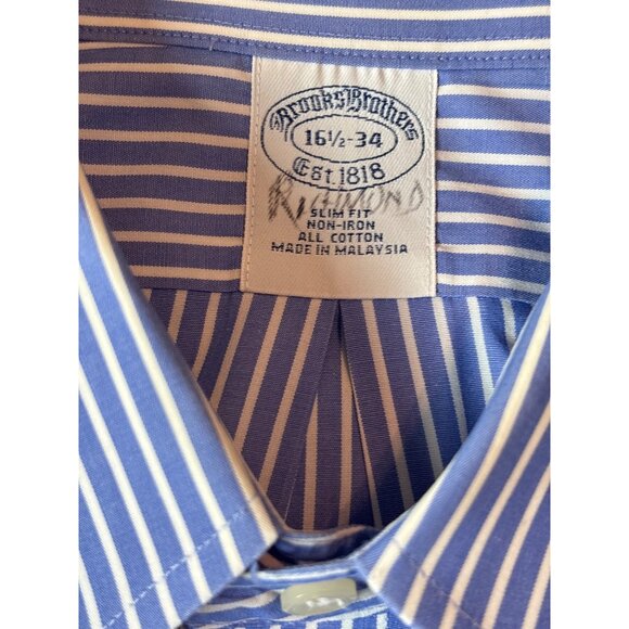 Brooks Brothers Mens Non-Iron Slim Fit Dress Shirt 16.5/34 Blue & White Striped - Picture 3 of 11